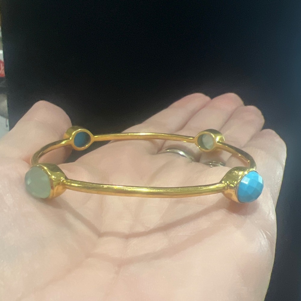 JCM Bangle Bracelet 8" Bronze Turquoise Gemstone India Vintage Gold Tone